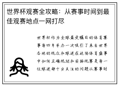 世界杯观赛全攻略：从赛事时间到最佳观赛地点一网打尽