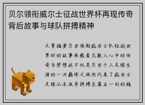 贝尔领衔威尔士征战世界杯再现传奇背后故事与球队拼搏精神