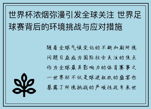 世界杯浓烟弥漫引发全球关注 世界足球赛背后的环境挑战与应对措施