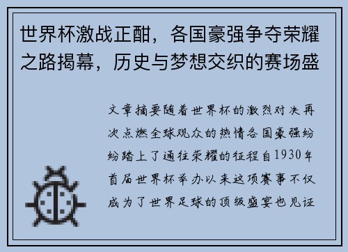 世界杯激战正酣，各国豪强争夺荣耀之路揭幕，历史与梦想交织的赛场盛宴开启