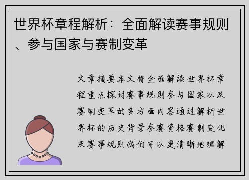世界杯章程解析：全面解读赛事规则、参与国家与赛制变革