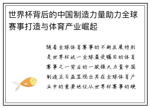 世界杯背后的中国制造力量助力全球赛事打造与体育产业崛起