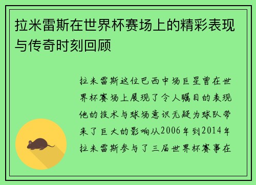 拉米雷斯在世界杯赛场上的精彩表现与传奇时刻回顾