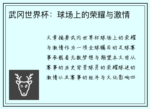 武冈世界杯：球场上的荣耀与激情